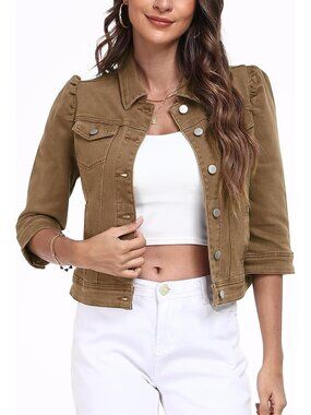 Women's Brown Jean Jacket Cropped Stretchy 3/4 Sleeve Distressed with Pocket